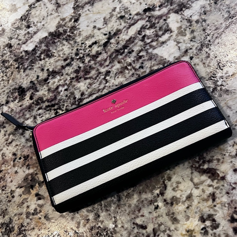 kate spade New York Pink & Black Striped Zip Wallet